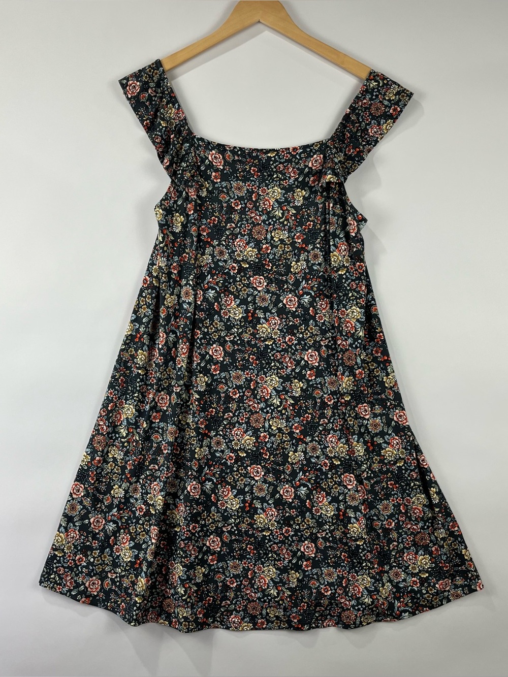 LOFT Floral Fit & Flare Dress Cottagecore Square Neck Wide Strap Soft Stretch M